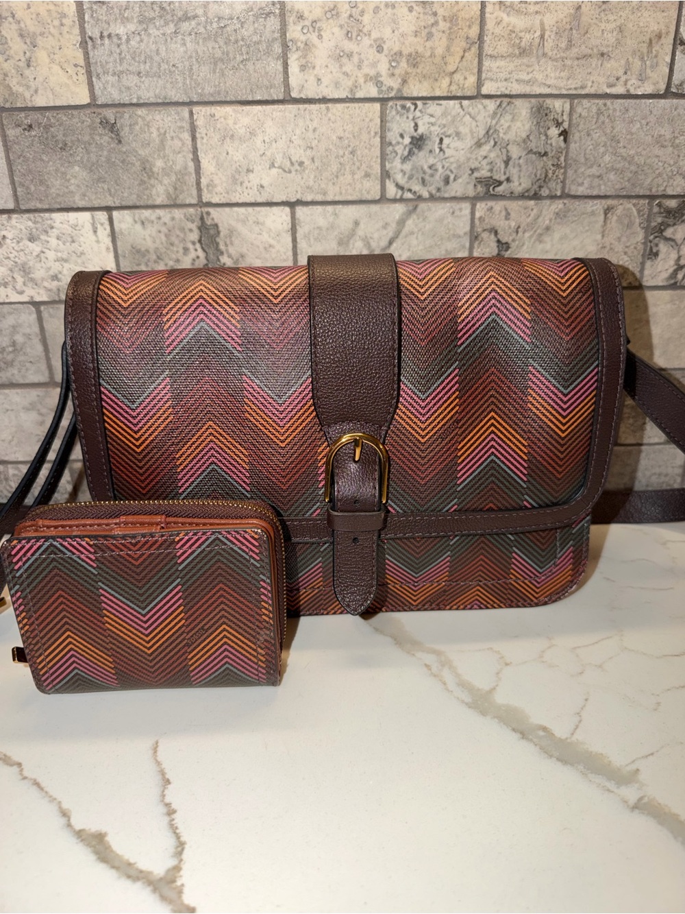 Fossil Zoe Flap Multicolor Chevron Crossbody with Matching Wallet